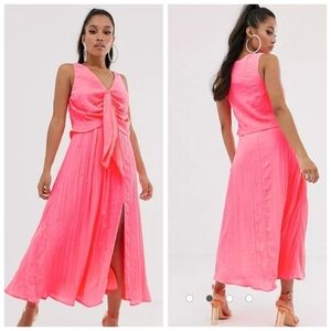 ASOS‎ DESIGN Petite knot front pleated maxi dress Bright Pink Size 8